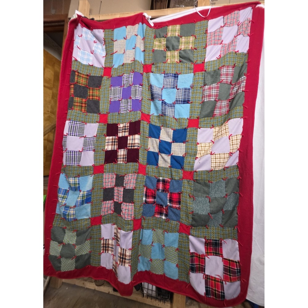 Vintage Wool Patchwork Tied Quilt Heavy Flannel Floral Back 84x63 Mid-Century